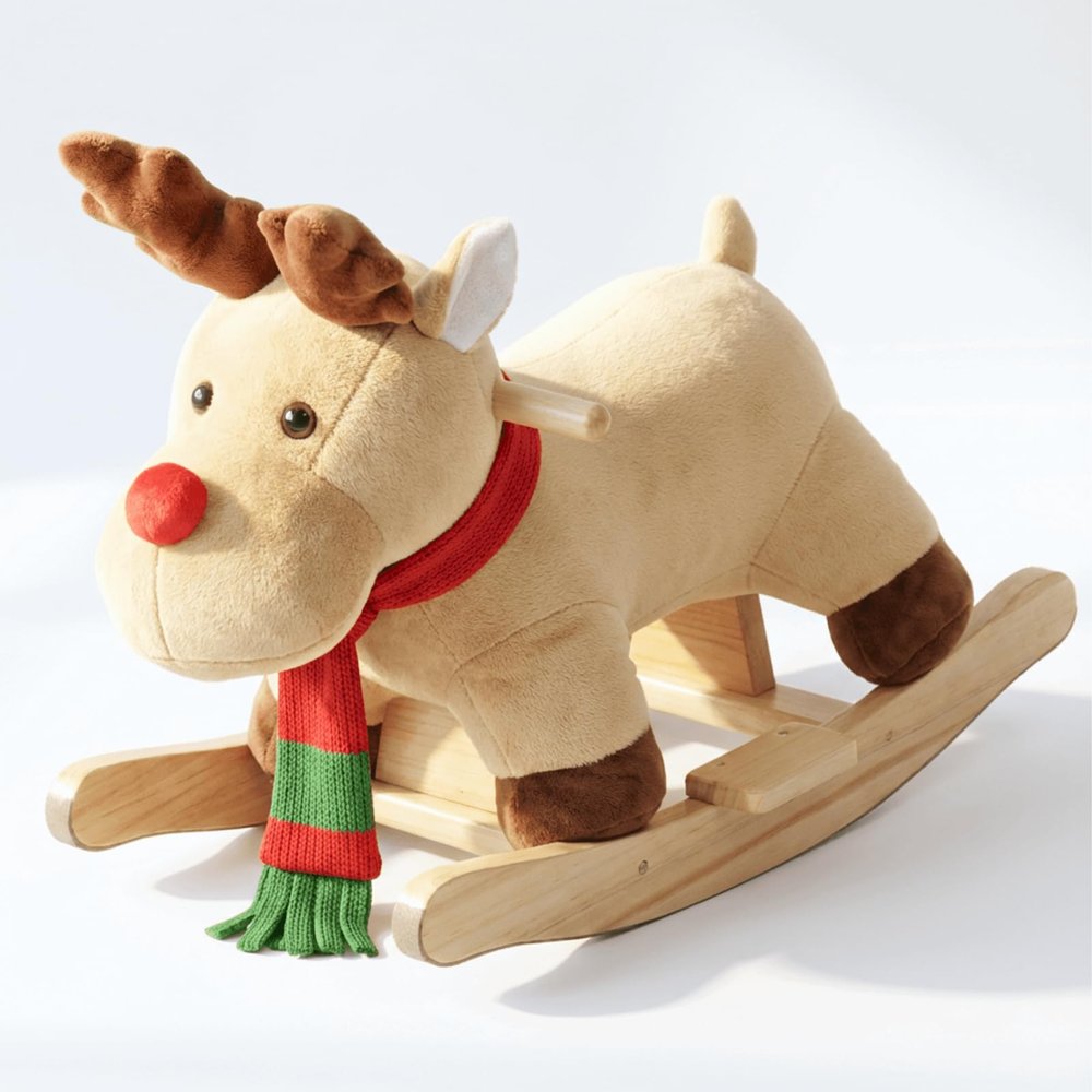 Rocking Horse Baby, Plush Stuffed Rocking Toy for 1-3 Year Old Toddlers, Wooden Reindeer-Shaped Rocking Toy, Apricot Reindeer