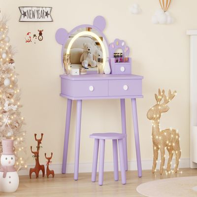 FinerFurnis Kids Vanity Set,Bear-Shaped Make Up Vanity Desk with Lights & Mirror,Wooden Princess Toddler Make Up Table Set for Little Girls,Purple