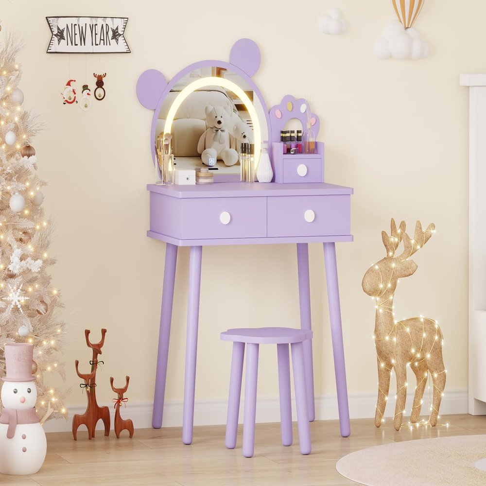 FinerFurnis Kids Vanity Set,Bear-Shaped Make Up Vanity Desk with Lights & Mirror,Wooden Princess Toddler Make Up Table Set for Little Girls,Purple