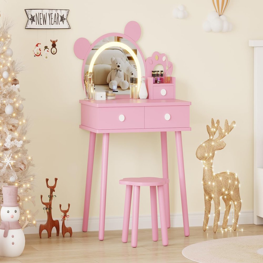 FinerFurnis Kids Vanity Set,Bear-Shaped Make Up Vanity Desk with Lights & Mirror,Wooden Princess Toddler Make Up Table Set for Little Girls,Pink