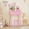 FinerFurnis Kids Vanity Set,Bear-Shaped Make Up Vanity Desk with Lights & Mirror,Wooden Princess Toddler Make Up Table Set for Little Girls,Pink view 1