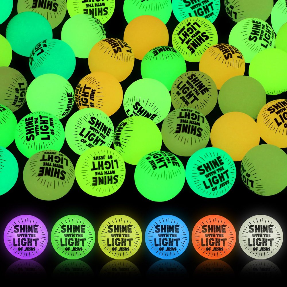 Hollowfly 100 Pcs VBS 2026 Gifts Christian Glow in The Dark Bouncy Balls Bulk 1.1 Inch Shine with The Light of Jesus Illumination Sunday School Prize Christian Gifts for Kids Church Supplies