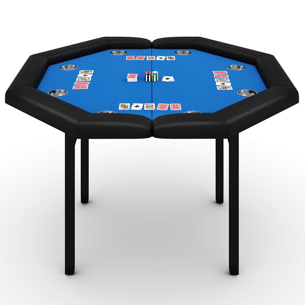 GarveeHome 48" Poker Table Foldable, 8-Player Casino Table with Padded Rails, Stainless Steel Cup Holders Folding Metal Legs, Octagon Poker Card Board Game Table for Family Game Casino, Blue