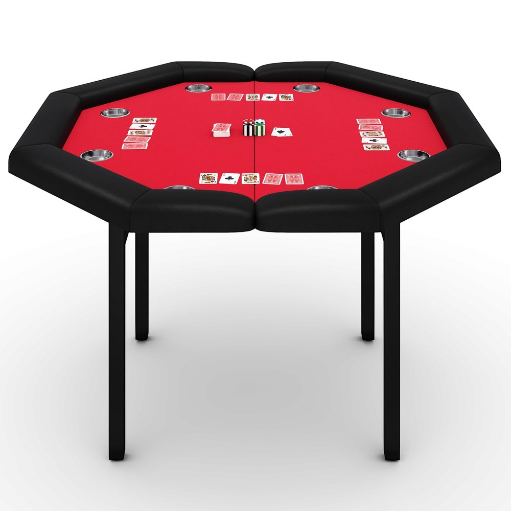 GarveeHome 48" Poker Table Foldable, 8-Player Casino Table with Padded Rails, Stainless Steel Cup Holders  Folding Metal Legs, Octagon Poker Card Board Game Table for Family Game Casino, Red