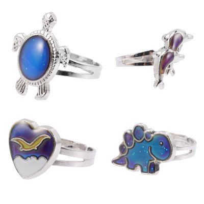 HAKIDZEL 4pcs Thermochromic Animal Mood Rings Color Changing Finger Rings Lightweight Cartoon Style for Holiday Party and Daily Wear