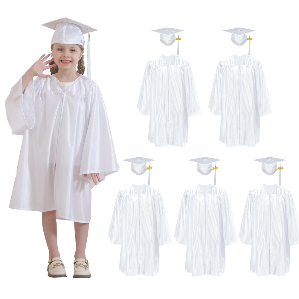 5 set Preschool & Kindergarten Graduation Cap and Gown, Shiny Kids Graduation gown with Tassel 2026+2027 Charm White