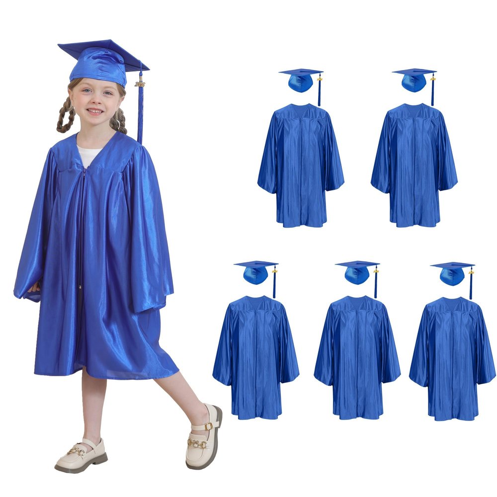 5 set Preschool & Kindergarten Graduation Cap and Gown, Shiny Kids Graduation gown with Tassel 2026+2027 Charm Royal Blue