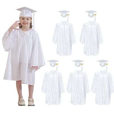 5 set Preschool & Kindergarten Graduation Cap and Gown, Shiny Kids Graduation gown with Tassel 2026+2027 Charm White