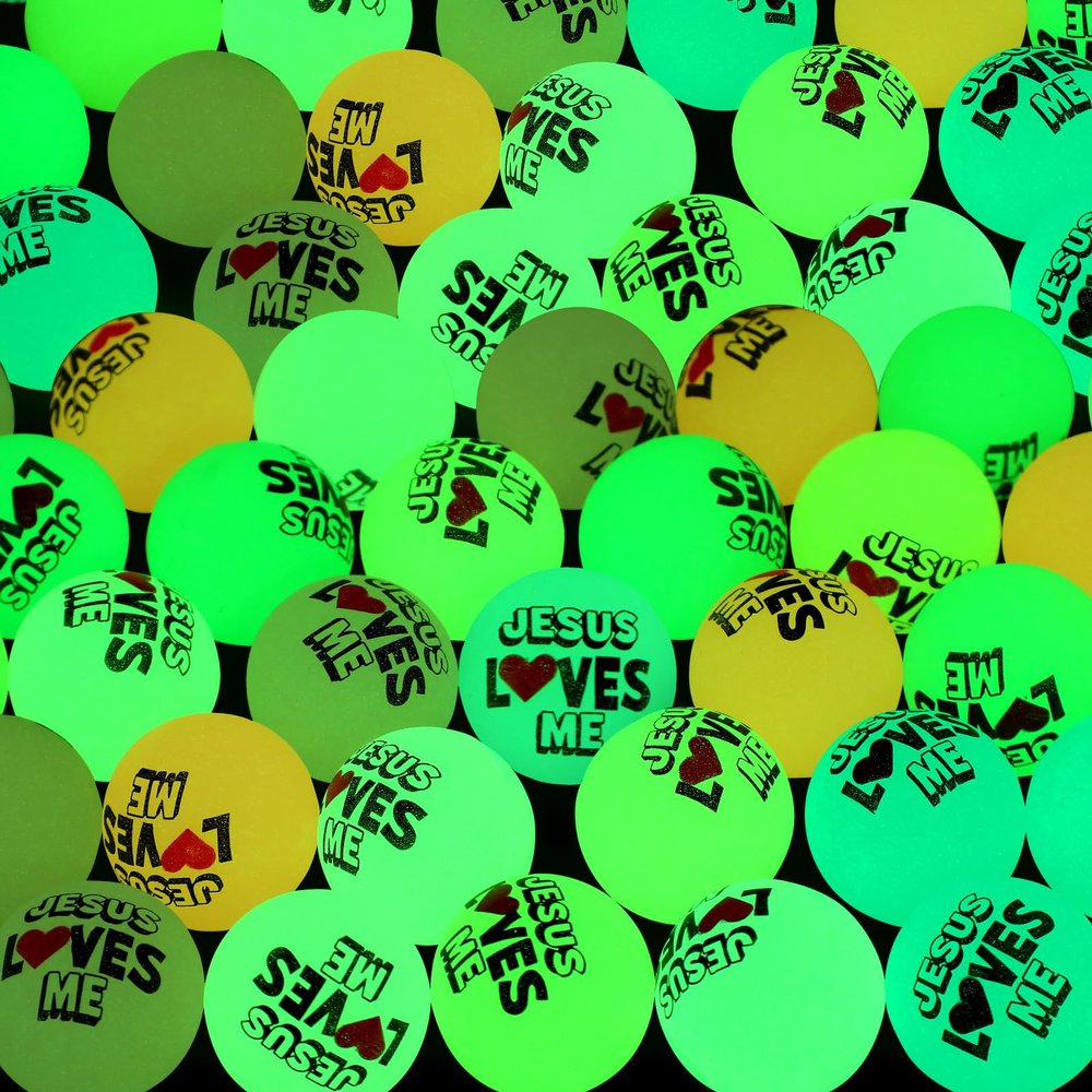 Hollowfly 100 Pcs VBS 2026 Gifts Christian Glow in The Dark Bouncy Balls Bulk 1.1 Inch Jesus Loves Me Illumination Sunday School Prize Christian Gifts for Kids Church Supplies