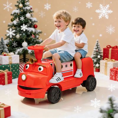 12V Ride on Car,Ride On Train Trackless, 12V Kids Electric Car w/Height-Adjustable Seat, Storage Chair, Headlight, Music, Rubber Wheels,2 Seater Train Toy for Kids 3+,Red