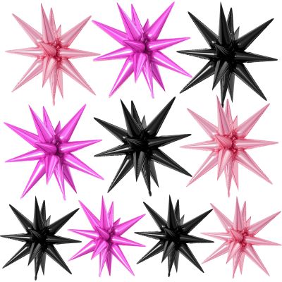 10PCS 22Inch Star Explosion Foil Balloons, Large Black and Pink Balloon, Hot Pink Spike Cone Women Theme Star Balloons for Birthday, Graduation, Wedding & Party Decorations