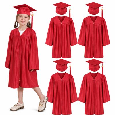 5 set Preschool & Kindergarten Graduation Cap and Gown, Shiny Kids Graduation gown with Tassel 2026+2027 Charm Red