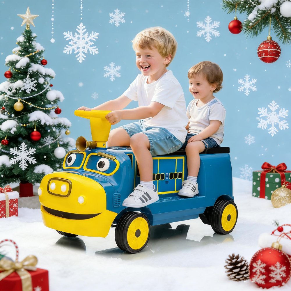 12V Ride on Car,Ride On Train Trackless, 12V Kids Electric Car w/Height-Adjustable Seat, Storage Chair, Headlight, Music, Rubber Wheels,2 Seater Train Toy for Kids 3+, Blue