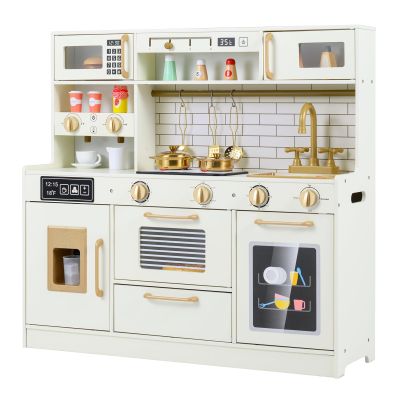 INFANS Kids Kitchen Playset, Wooden Pretend Play Kitchen with Realistic Light Sound, Toddler Cooking Toy for Boys Girls Aged 3+ (Beige)