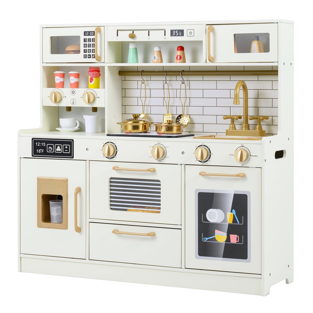 INFANS Kids Kitchen Playset, Wooden Pretend Play Kitchen with Realistic Light Sound, Toddler Cooking Toy for Boys Girls Aged 3+ (Beige)