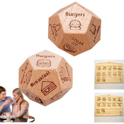 2-Pack Valentines Day Gifts,12-Sided Wooden Food Dice Set - Birch Engraved Meal Decision Maker for Family Game Night, Creative Kitchen Gift for Couples & Home Cooks