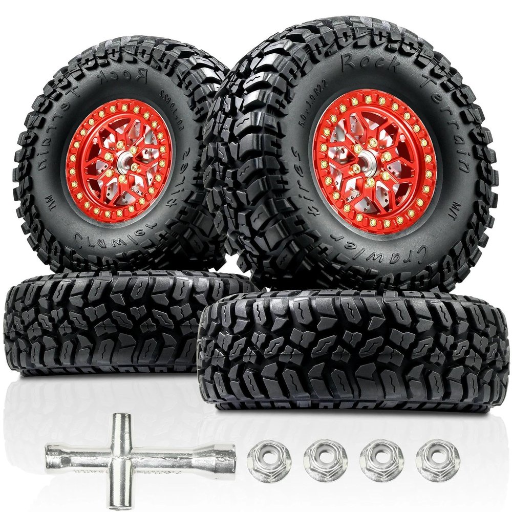 2.2" RC Crawler Beadlock Wheels & Tires Set, Soft Sticky Mud Terrain Tires 5.0x1.9, CNC Aluminum Rims 12mm Hex, 5.5mm Offset for TRX4 SCX10 TRX6 Gen8