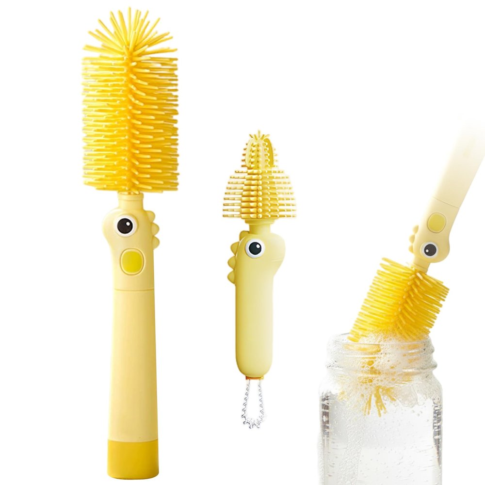 2-Pack Baby Bottle Brush, Dinosaur Themed Bottle Cleaning Brush, 360 Silicone Sponge Head for Cleaning Baby Bottles, Sippy Cups & Straws, Yellow