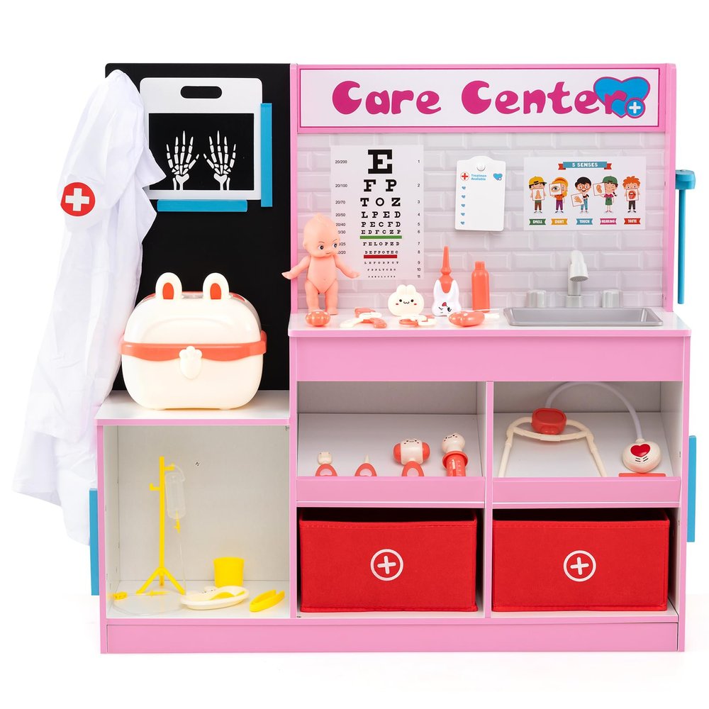 HONEY JOY Kids Wooden Doctor Play Set, Checkup Medical Office Center & Vet Clinic Station, Exam Area & Interactive Accessories, X-Ray, Toddler Pretend Hospital Playset Kit (Pink with Medical Kit)
