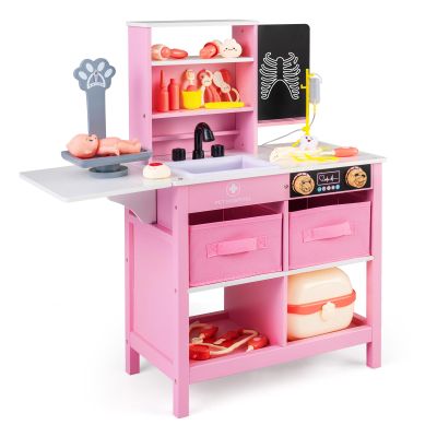 HONEY JOY Kids Wooden Doctor Play Set, 2 In 1 Checkup Medical Office Center & Vet Clinic Station, Chalkboard, Pet Scale & Medical Kit, X-Ray, Toddler Pretend Hospital Playset Kit for Boys Girls (Pink)