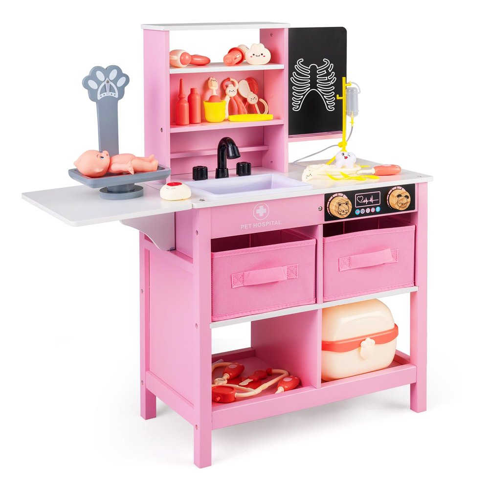 HONEY JOY Kids Wooden Doctor Play Set, 2 In 1 Checkup Medical Office Center & Vet Clinic Station, Chalkboard, Pet Scale & Medical Kit, X-Ray, Toddler Pretend Hospital Playset Kit for Boys Girls (Pink)