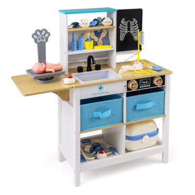 HONEY JOY Kids Wooden Doctor Play Set, 2 In 1 Checkup Medical Office Center & Vet Clinic Station, Chalkboard, Pet Scale & Medical Kit, X-Ray, Toddler Pretend Hospital Playset Kit for Boys Girls (Blue)