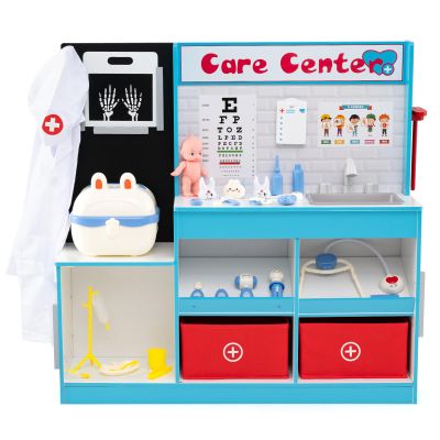 HONEY JOY Kids Wooden Doctor Play Set, Checkup Medical Office Center & Vet Clinic Station, Exam Area & Interactive Accessories, X-Ray, Toddler Pretend Hospital Playset Kit (Blue with Medical Kit)