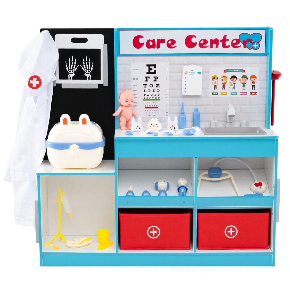 HONEY JOY Kids Wooden Doctor Play Set, Checkup Medical Office Center & Vet Clinic Station, Exam Area & Interactive Accessories, X-Ray, Toddler Pretend Hospital Playset Kit (Blue with Medical Kit)