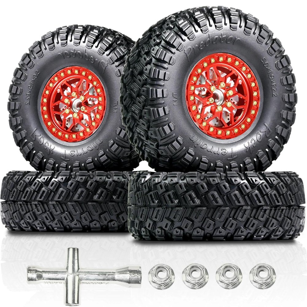 2.2 RC Crawler Tires 1/10 Beadlock Wheels 12mm Hex, Mud Terrain Rock Tires Soft Rubber 5.0x1.9, Aluminum Beadlock Rims 5.5mm Offset, RC Wheel Tire Set for SCX10 TRX4 TRX6 Gen8 VS4-10 D90 CFX