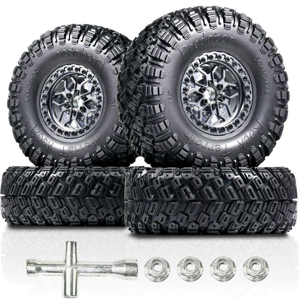 2.2 RC Crawler Tires 1/10 Beadlock Wheels 12mm Hex, Mud Terrain Rock Tires Soft Rubber 5.0x1.9, Aluminum Beadlock Rims 5.5mm Offset, RC Wheel Tire Set for SCX10 TRX4 TRX6 Gen8 VS4-10 D90 CFX