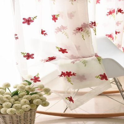 HooHero White Korean Style Fresh Wedding Room Floral Embroidered Sheer Curtains Voile Rod Pocket Top Home Decoration for Living Kids Childern Room