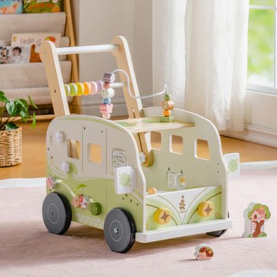 ROBUD Wooden Baby Walker, Height & Speed Adjustable Baby Push Walker with Anti-Slip Wheels, Developmental Activity Center with Forest Toys for 12-36 MonthsGreen