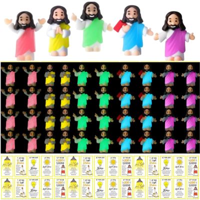 CroBlissful 100 Sets Mini Jesus Figurines Glow in The Dark with Let Your Light Shine Cards for Christian Valentine Gifts Church Sunday School Religious Gifts for Easter Egg Fillers (Multiple Styles)