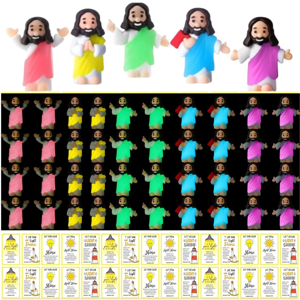 CroBlissful 100 Sets Mini Jesus Figurines Glow in The Dark with Let Your Light Shine Cards for Christian Valentine Gifts Church Sunday School Religious Gifts for Easter Egg Fillers (Multiple Styles)