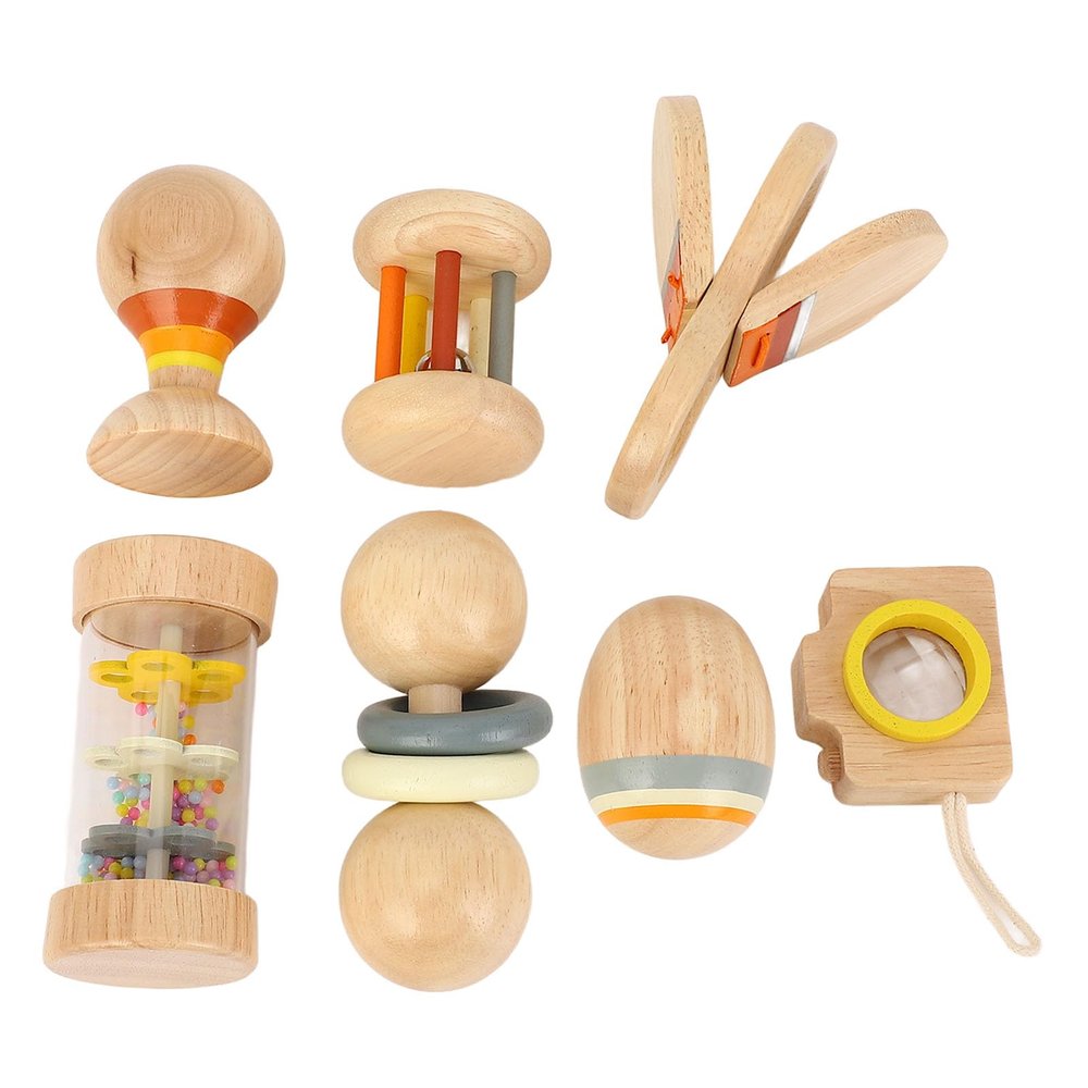 Fdit Wooden Colorful Baby Rattle Set with 7 Pieces Sensory Training Toys for Early Learning Educational, Suitable for Babies Grasping Training Cherry Wood