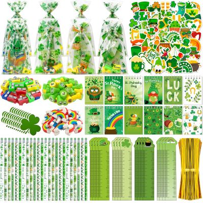 242 Pcs St Patricks Day Stationery Set Lucky Shamrock Classroom Gifts with Pencils Notebooks Erasers Stampers Stickers for St Patricks Day Party Favors Classroom Exchange Gifts Prizes Party Supplies