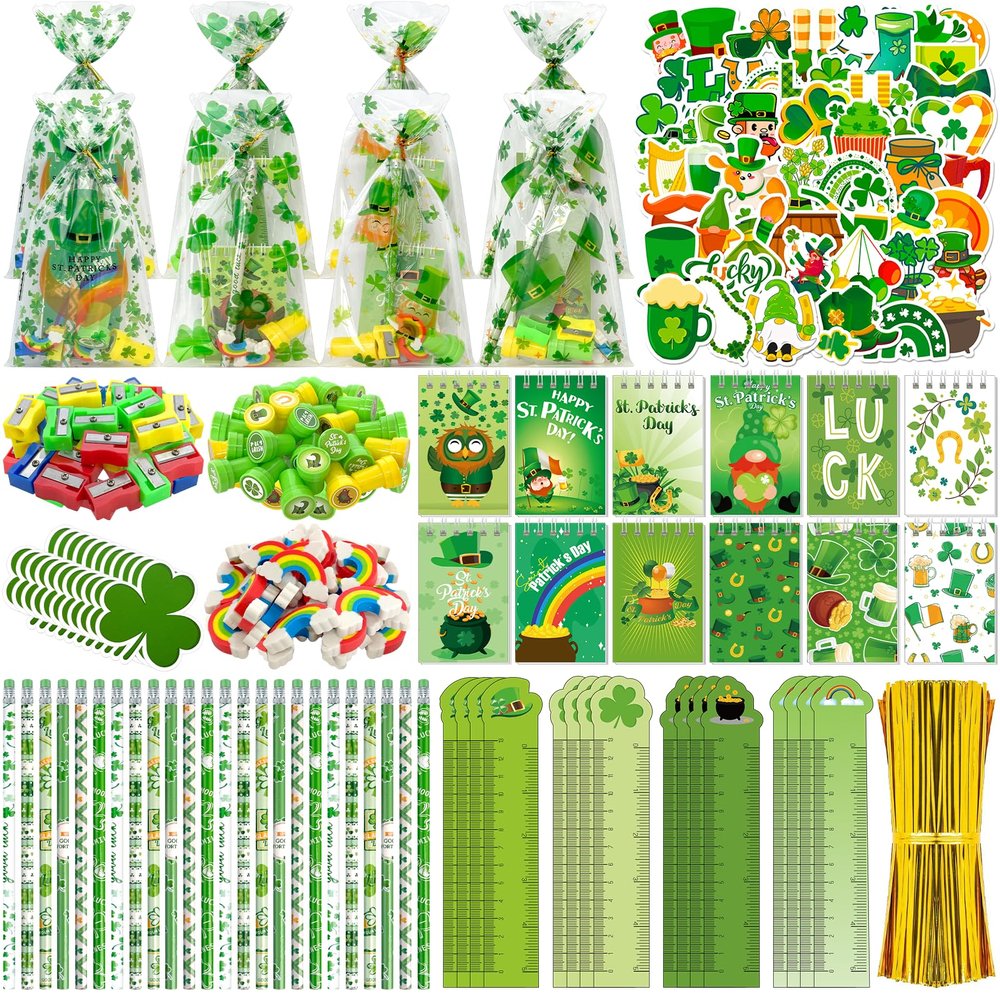 242 Pcs St Patricks Day Stationery Set Lucky Shamrock Classroom Gifts with Pencils Notebooks Erasers Stampers Stickers for St Patricks Day Party Favors Classroom Exchange Gifts Prizes Party Supplies