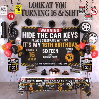 16th Birthday Decorations For Boys Includes Banner, Backdrop, Tablecloth, Latex Balloons, Foil Balloons, Cake Topper, Cupcake Toppers & Hanging Swirls