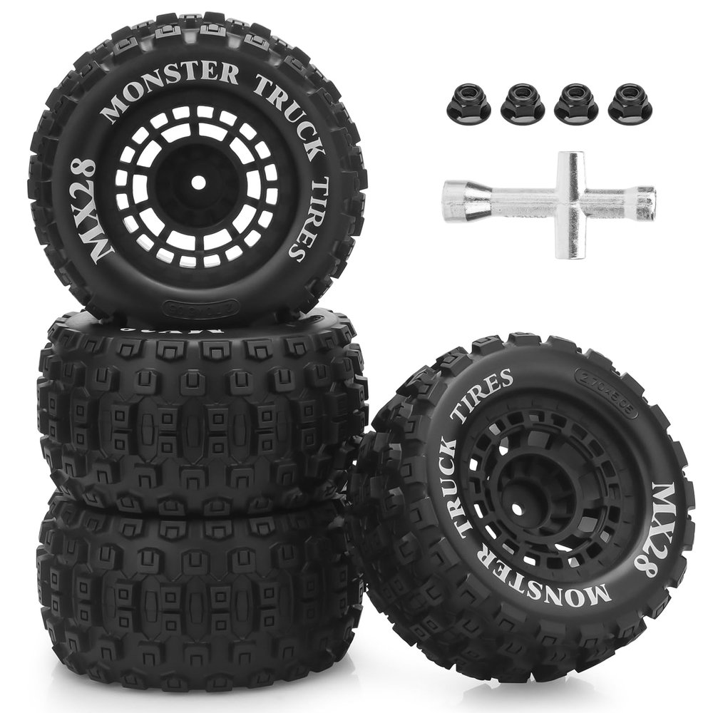 12mm Hex RC Wheels and Tires, daitoku 2.8" RC Truck Tires 1/10 MX28 Tire for Traxxas Rustler Stampede Hoss 2wd 4x4 vxl Redcat RIAARIO AMORIL - Style A (Black) Not Glued
