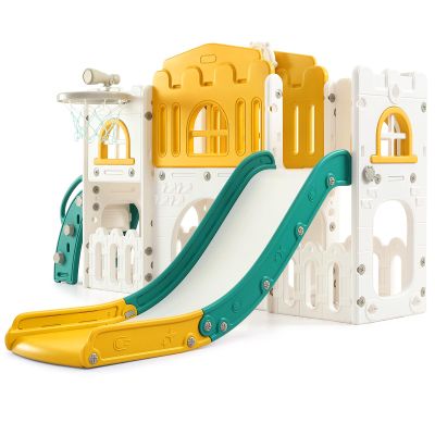 8 in 1 Toddle Slide Playset, Kids Slide and Climber Playset w/Aisle, Basketball Hoop, Telescope, Outdoor Indoor Playground for Kids 1-3, w/Storage Space, Gifts for Boys Girls, Orange