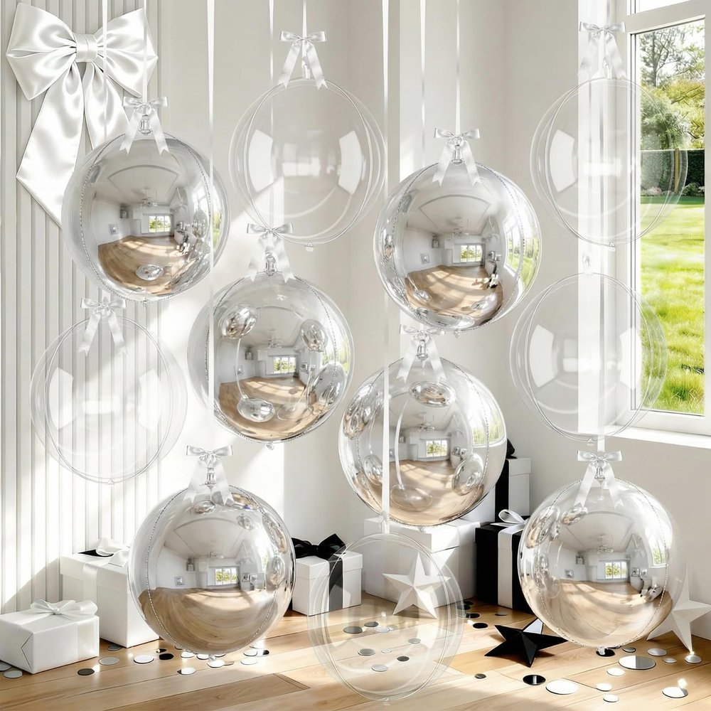 Froova 8 Pcs Silver Balloons and Clear Round Foil Balloons 22 In Transparent Balloon Metallic Silver 4D Ball Balloon Ornament Balloon for Birthday Grad Wedding Anniversary Prom Disco Party Decor