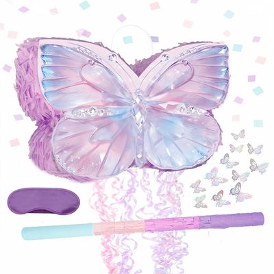 Butterfly Pinata Set - Purple Crystal Butterfly Pull String Piata with Blindfold, Bat, Confetti for Birthday Fairy Party Decorations (16.1'')
