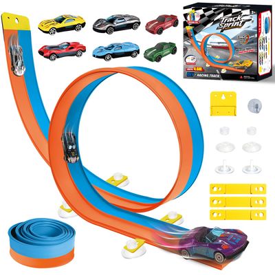 Flexible Race Car Track for Kids, 15 Feet Flex Race Car Track Toy for Toddlers, Compatible with 1/64th Diecast Cars, Portable Rolls Up Portable Racetrack with Strong Suction Cups.(Orange and Blue)
