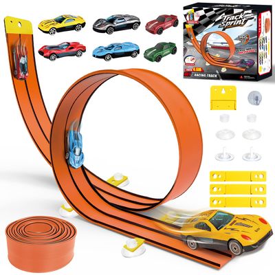 15Ft Flex Race Track for Kids, Black and Orange Double Lane Flexible Race Car Ramp Track with Suction Cups, 6 Cars, DIY Car Track Set Rolls up Portable Racetrack for Toddlers Ages 3-8.