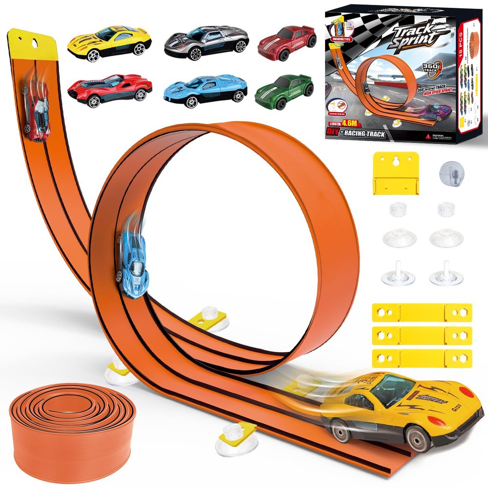 15Ft Flex Race Track for Kids, Black and Orange Double Lane Flexible Race Car Ramp Track with Suction Cups, 6 Cars, DIY Car Track Set Rolls up Portable Racetrack for Toddlers Ages 3-8.