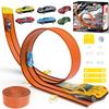 15Ft Flex Race Track for Kids, Black and Orange Double Lane Flexible Race Car Ramp Track with Suction Cups, 6 Cars, DIY Car Track Set Rolls up Portable Racetrack for Toddlers Ages 3-8. view 1
