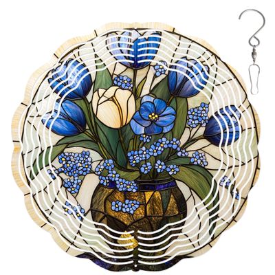 10-Inch Metal Wind Spinner Blue Tulips and Gilded Vase 3D Floral Wind Spinner, Unique Metal Hanging Kinetic Wind Sculpture Ornament Gifts for Women Yard Art Garden Patio Lawn Indoor Outdoor Decor