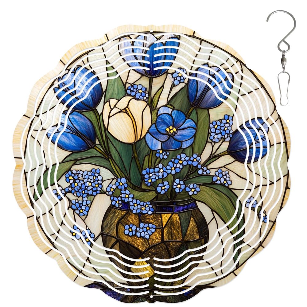 10-Inch Metal Wind Spinner Blue Tulips and Gilded Vase 3D Floral Wind Spinner, Unique Metal Hanging Kinetic Wind Sculpture Ornament Gifts for Women Yard Art Garden Patio Lawn Indoor Outdoor Decor