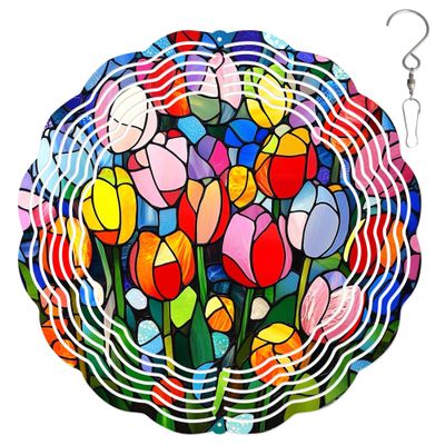 10-Inch Metal Wind Spinner Multi-Colored Tulips in Bloom 3D Floral Wind Spinner, Unique Metal Hanging Kinetic Wind Sculpture Ornament Gifts for Women Yard Art Garden Patio Lawn Indoor Outdoor Decor