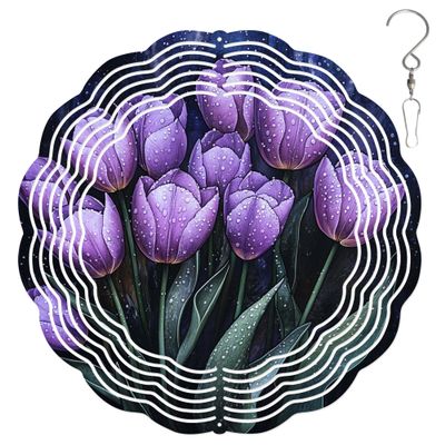 10-Inch Metal Wind Spinner Purple Tulips 3D Floral Wind Spinner, Unique Metal Hanging Kinetic Wind Sculpture Ornament Gifts for Women Yard Art Garden Patio Lawn Indoor Outdoor Decor